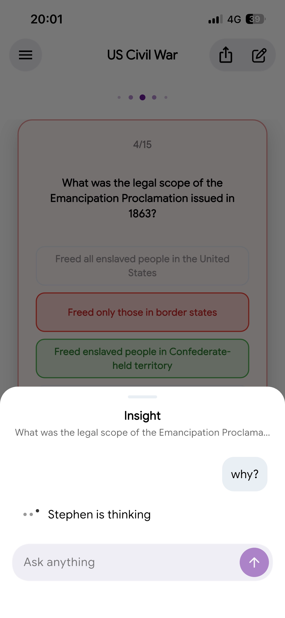 Checking a missed quiz answer with an explanation