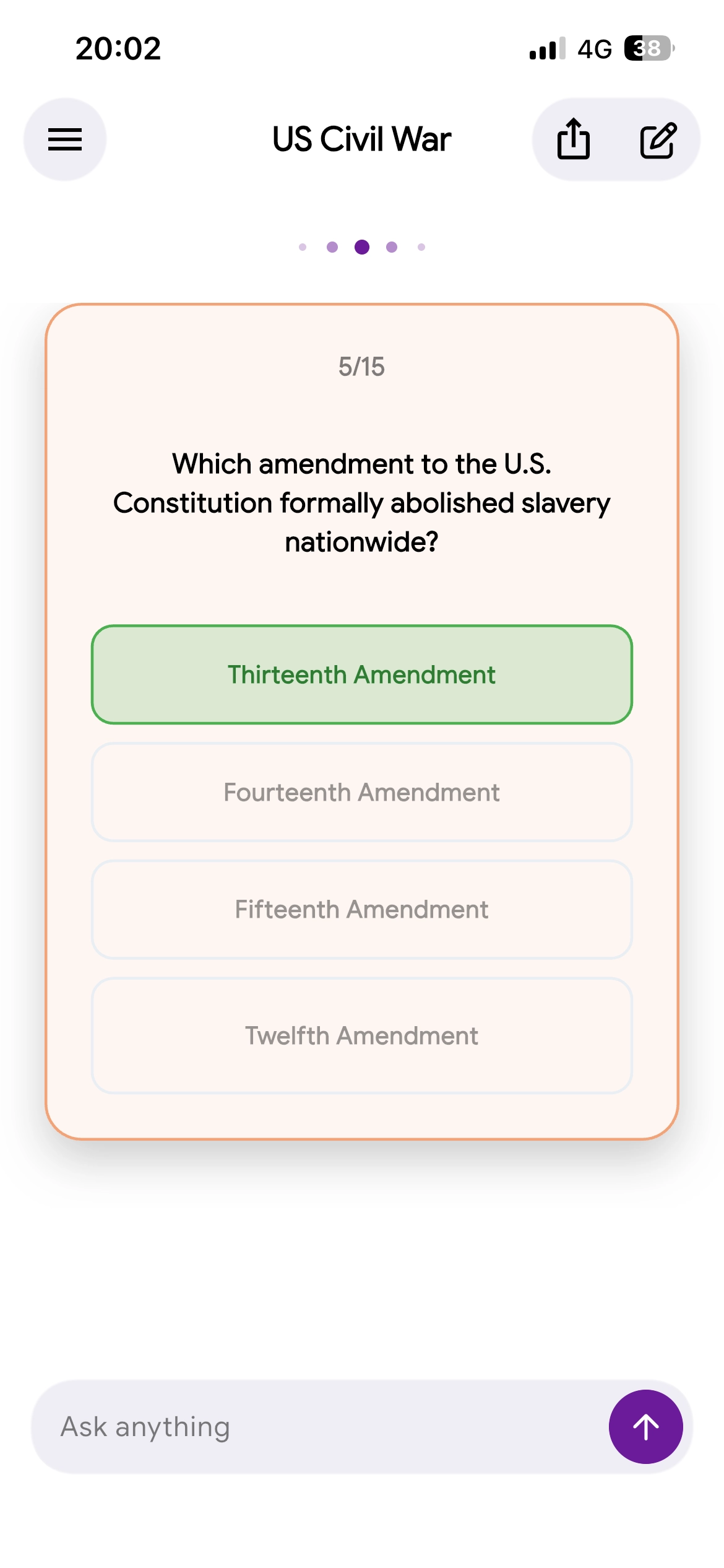 Answering a multiple-choice quiz generated from class notes